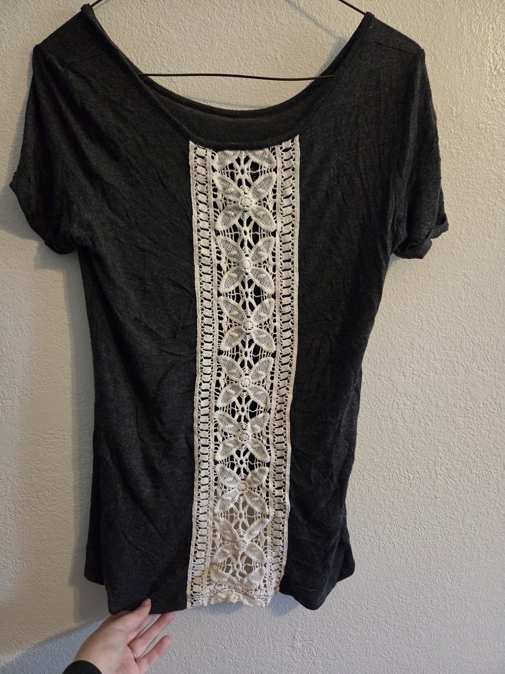 American Dream Charcoal Short Sleeve Top with White Crochet Accents - Picture 2 of 6